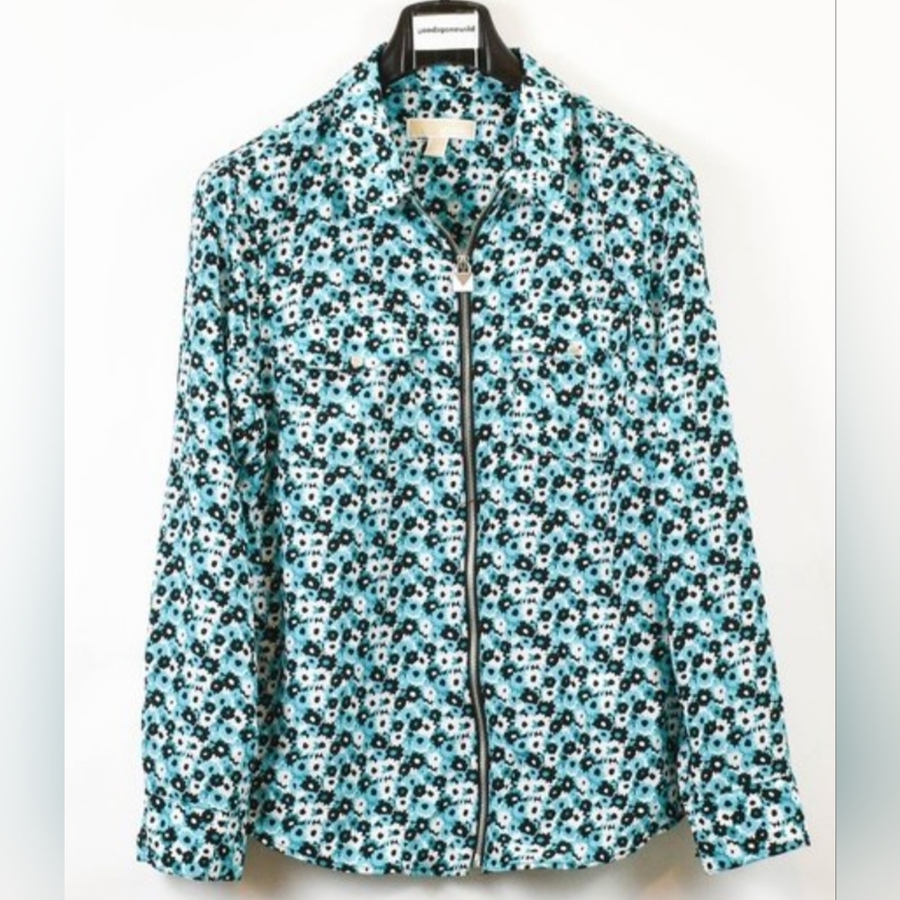 Michael Kors Blue Floral Zip-Front Blouse